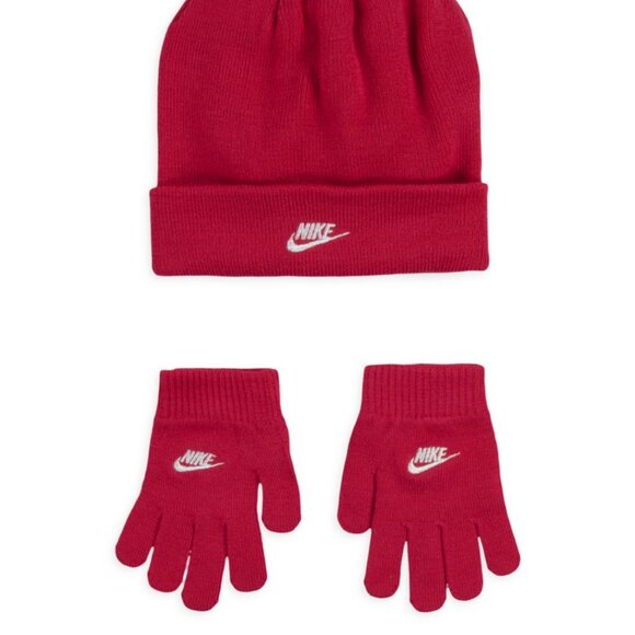 *NWT NIKE Girls Beanie Hat Cap Gloves 2Piece Set Knit Rush Pink White Logo Youth - Picture 1 of 3